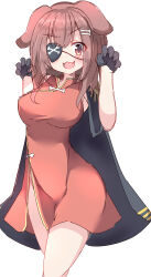 1girl :d absurdres animal_ears black_cape black_gloves blush bone_hair_ornament breasts brown_eyes brown_hair cape cartoon_bone china_dress chinese_clothes claw_pose commentary_request dog_ears dress epaulettes eyepatch fang gloves groin_outline hair_between_eyes hair_ornament hands_up highres hololive inugami_korone long_hair looking_at_viewer medium_breasts open_mouth red_dress simple_background sleeveless sleeveless_dress smile solo umberblack v-shaped_eyebrows white_background 