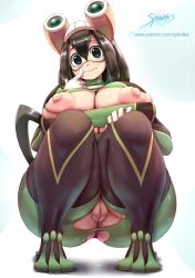 10s 1girl asui_tsuyu black_eyes black_hair bodysuit boku_no_hero_academia breasts cleft_of_venus curvy goggles goggles_on_head highres huge_breasts large_areolae looking_at_viewer nipples no_panties pussy solo spindles squatting thick_thighs thighs torn_bodysuit torn_clothes uncensored wide_hips rating:Explicit score:127 user:Perv-Ultra