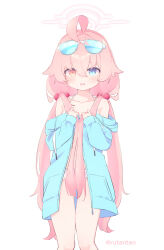  1girl artist_name bikini blue-tinted_eyewear blue_archive blue_eyes blue_jacket blush breasts collarbone crossed_bangs drawstring eyewear_on_head fang feet_out_of_frame frilled_bikini frills hair_between_eyes hair_bobbles hair_ornament halo heterochromia highres hoshino_(blue_archive) hoshino_(swimsuit)_(blue_archive) jacket long_hair looking_at_viewer low_twintails off_shoulder official_alternate_costume parted_lips pink_hair pink_halo ruten_(onakasukusuku) skin_fang small_breasts solo sunglasses swimsuit tinted_eyewear twintails twitter_username very_long_hair white-framed_eyewear white_bikini yellow_eyes  rating:Sensitive score:24 user:danbooru