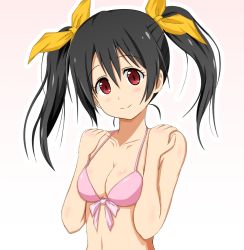  10s 1girl bare_arms bare_shoulders bikini black_hair blush breasts gradient_background hair_ribbon hands_on_own_shoulders inou_eita looking_at_viewer love_live! love_live!_school_idol_project medium_breasts medium_hair navel red_eyes red_theme ribbon simple_background smile solo standing swimsuit twintails upper_body yazawa_nico yellow_ribbon 