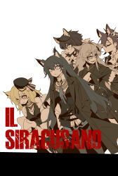  1boy 4girls absurdres animal_ears arknights breasts cleavage hat highres italian_text jacket lappland_(arknights) lappland_(refined_horrormare)_(arknights) medium_breasts multiple_girls necktie official_alternate_costume open_clothes open_jacket parody penance_(arknights) reservoir_dogs sora_(arknights) sora_(melodiosa)_(arknights) texas_(arknights) texas_the_omertosa_(arknights) vigil_(arknights) wolf_boy wolf_ears wolf_girl xity 