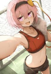 1girl :d ai-assisted armpits bare_arms bare_shoulders black_hairband blush breasts collarbone cowboy_shot crop_top female_focus hair_between_eyes hairband heart highres komeiji_satori looking_at_viewer midriff navel open_mouth pink_eyes pink_hair purple_eyes shirt short_hair shorts small_breasts smile solo sports_bra standing stomach stop_thinkingaa sweat third_eye touhou rating:Sensitive score:30 user:danbooru