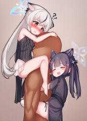  1boy 2girls ? ?? @_@ animal_ear_fluff animal_ears bald barefoot black_dress black_hair black_panties blue_archive blue_halo blush breasts brown_eyes carrying china_dress chinese_clothes closed_eyes clothed_female_nude_male dress embarrassed feet halo hands_on_another&#039;s_head heart highres hug hug_from_behind kokona_(blue_archive) leg_lock leg_up legs loli long_hair miniskirt mochikushi multicolored_hair multiple_girls no_tail nude open_mouth panties panty_peek short_dress short_sleeves shoulder_carry shun_(blue_archive) shun_(small)_(blue_archive) siblings side-tie_panties sisters skirt small_breasts smile streaked_hair striped_clothes striped_dress thighhighs thighs tiger_ears tiger_girl toes twintails underwear vertical-striped_clothes vertical-striped_dress white_hair white_skirt white_thighhighs 