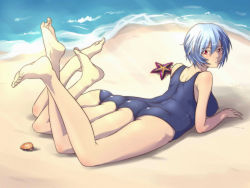  1girl arm_support ass ayanami_rei barefoot beach blue_hair feet female_focus gammatelier looking_at_viewer looking_back lying multi_leg multi_limb multiple_legs multiple_limbs neon_genesis_evangelion ocean on_stomach one-piece_swimsuit red_eyes school_swimsuit short_hair soles solo swimsuit toes what  rating:Questionable score:35 user:namelessdude80