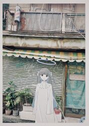  1girl absurdres barber_pole blunt_bangs border collar dress expressionless frilled_collar frills halo highres kimura_ansai leaf long_hair looking_at_viewer original photo_background plant real_world_location sleeves_past_fingers sleeves_past_wrists solo standing white_border 
