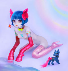 1girl animal_ears bdsm bob_cut boots bow bowtie breasts clover collar flat_chest four-leaf_clover hair_ornament lipstick makeup mouth_hold my_little_pony nipples nude pale_skin personification pink_eyes rainbow sitting tattoo water yukaman 