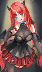  1girl aqua_eyes bare_shoulders bat_wings black_bow black_bowtie black_dress black_gloves black_thighhighs black_wings blush bow bowtie breasts candy cleavage commentary cowboy_shot demon_horns demon_tail dress elbow_gloves english_commentary food garter_straps genshin_impact gloves highres holding holding_candy holding_food horns large_breasts layered_dress long_hair looking_at_viewer marufus nilou_(genshin_impact) parted_bangs parted_lips red_dress red_hair see-through_cleavage see-through_clothes sleeveless sleeveless_dress smile solo tail thighhighs very_long_hair wings  rating:Sensitive score:8 user:danbooru