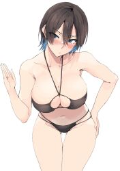  1girl bikini black_bikini blue_eyes blue_hair blush breasts brown_hair bunny_garden cleavage closed_mouth clothing_cutout gluteal_fold hair_between_eyes halterneck hand_on_own_hip highres large_breasts leaning_forward looking_at_viewer miuka_(bunny_garden) multicolored_hair navel short_hair solo swimsuit thigh_gap two-tone_hair zekkyon 