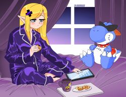 1girl absurdres barefoot bed blue_eyes boshi_(super_mario_rpg) breasts buttons canopy_bed character_doll collar cookie cup eating food hair_down hair_ornament hairclip half-closed_eyes highres holding holding_cookie holding_food indian_style light_blush long_hair long_sleeves mario_(series) mario_power_tennis mario_tennis mug nico-neko nintendo on_bed pajamas pointy_ears purple_curtains purple_pajamas sitting small_breasts solo spiked_collar spikes stitches stuffed_animal stuffed_toy sunglasses super_mario_rpg swept_bangs tablet_pc text_messaging wario warupeach window x_hair_ornament