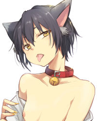  1boy animal_ears aobe_mahito bell black_hair cat_ears collar male_focus nipples original short_hair simple_background solo tongue tongue_out trap white_background yellow_eyes  rating:Questionable score:68 user:danbooru