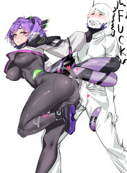  1boy 1girl absurdres ass_rubbing bald biting_own_lip black_bodysuit blue_eyes bodysuit breasts bulge cropped_jacket drawfag erection erection_under_clothes feet_out_of_frame from_side hand_on_another&#039;s_chin head_wings hetero highres jacket large_breasts looking_at_another medium_hair nijisanji nijisanji_en pants purple_eyes purple_hair selen_tatsuki shirt shoes simple_background tail tail_grab tight_clothes virtual_youtuber white_background white_jacket wings 