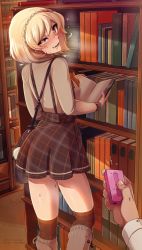 1girl 2019 artist_name bad_id bad_pixiv_id bag blonde_hair book bookshelf boots borrowed_character bracelet controller discreet_vibrator drooling earrings from_behind heart heart-shaped_pupils heavy_breathing highres holding holding_book indoors jewelry knee_boots library light_particles long_sleeves looking_at_viewer looking_back merunyaa open_book original patreon_username pearl_bracelet pearl_earrings pixiv_username plaid plaid_skirt pov pov_hands pussy_juice reading remote_control remote_control_vibrator sammy_(bestsammy) sex_toy short_hair shoulder_bag signature skirt smile solo_focus suspender_skirt suspenders sweat symbol-shaped_pupils thighhighs uneven_eyes vibrator vibrator_under_clothes wireless_sex_toy_controller rating:Explicit score:448 user:danbooru