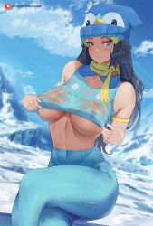 1girl araneesama bare_shoulders beanie black_hair blush breasts covered_erect_nipples creatures_(company) dawn_(pokemon) game_freak gen_4_pokemon grey_eyes hair_ornament hairclip hat highres large_breasts long_hair looking_at_viewer navel nintendo open_mouth piplup pokemon pokemon_(creature) scarf sitting solo thighs underboob yellow_scarf rating:Questionable score:103 user:danbooru