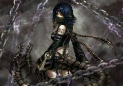  1girl bare_shoulders black_hair black_thighhighs chain claws dark_persona detached_sleeves foa_(vocaloid) from_behind gloves hair_ornament hairclip half_mask headphones kagamine_rin looking_back mask mouth_mask red_eyes short_hair shorts solo tail thighhighs trans_nido vocaloid zipper  rating:Sensitive score:26 user:danbooru
