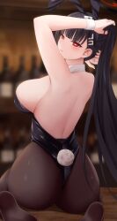  1girl absurdres animal_ears arms_up ass back backless_leotard bar_(place) black_hair black_leotard blue_archive blurry blurry_background bottle breasts chien_zero detached_collar fake_animal_ears fake_tail from_behind hair_ornament hairclip halo high_ponytail highres large_breasts leotard long_hair looking_back no_shoes pantyhose parted_lips playboy_bunny rabbit_ears rabbit_tail red_eyes rio_(blue_archive) sitting soles solo tail tying_hair very_long_hair wariza wrist_cuffs 