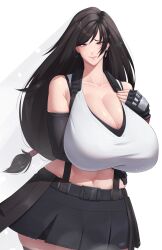  1girl absurdres breasts cleavage coolpsyco detached_sleeves earrings female_focus final_fantasy final_fantasy_vii fingerless_gloves gloves highres huge_breasts jewelry long_hair looking_at_viewer midriff red_eyes solo suspenders thick_thighs thighhighs thighs tifa_lockhart 