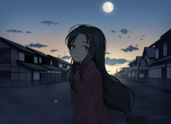 1girl arms_at_sides backlighting black_hair blurry blurry_background closed_mouth cloud cloudy_sky crying crying_with_eyes_open dark_sky darkness doora_(dora0913) flat_chest floral_print full_moon glowing glowing_tears gradient_sky grey_eyes grey_sky hair_ribbon half-closed_eyes house japanese_clothes kaguya-hime_no_monogatari kaguya_hime kimono long_hair looking_at_viewer low-tied_long_hair low_ponytail moon moonlight outdoors parted_bangs perspective pink_kimono red_ribbon ribbon sad sky solo star_(sky) starry_sky streaming_tears sunlight sunset tears tsurime upper_body vanishing_point village yellow_sky 