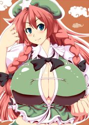  1girl blue_eyes braid breasts center_opening china_dress chinese_clothes cleavage dress female_focus hat hong_meiling huge_breasts looking_at_viewer oisinbou red_hair smile solo star_(symbol) touhou twin_braids  rating:Sensitive score:33 user:danbooru