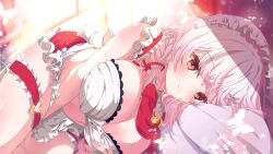  1girl apron arm_behind_back blurry blurry_background blush bra breasts cleavage closed_mouth commentary_request commission curtains highres indoors large_breasts long_hair looking_at_viewer lying medium_breasts navel on_side original pink_hair red_eyes shiro9jira skeb_commission smile solo thigh_strap underwear white_apron white_bra window 