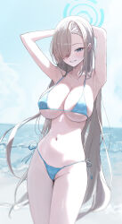  1girl absurdres armpits arms_up asuna_(blue_archive) beach bikini blonde_hair blue_archive blue_bikini blue_eyes blue_halo breasts collarbone grin groin hair_over_one_eye halo highres large_breasts long_hair looking_at_viewer mole mole_on_breast num_s1x outdoors side-tie_bikini_bottom sky smile solo swimsuit very_long_hair  rating:Sensitive score:16 user:danbooru
