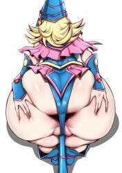  1girl absurdres adapted_costume ass ass_focus ass_grab ass_press bare_legs blonde_hair blue_leotard blush_stickers breasts butt_crack cameltoe curvy dark_magician_girl female_focus foreshortening full_body gggg grabbing_own_ass highleg highleg_leotard highres huge_ass large_areolae large_breasts leotard leotard_under_clothes long_hair magical_girl partially_visible_vulva pussy pussy_peek revealing_clothes shiny_skin simple_background skindentation solo spread_ass thong_leotard uncensored very_long_hair white_background wide_hips yu-gi-oh! yu-gi-oh!_duel_monsters 