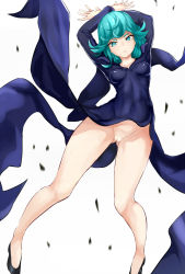 1girl arms_up blue_dress blue_eyes blue_hair breasts covered_navel curly_hair dress covered_erect_nipples flats flipped_hair from_below gluteal_fold impossible_clothes impossible_dress jilllxlxl long_sleeves matching_hair/eyes medium_breasts motion_blur no_panties one-punch_man parted_lips pussy shoes short_hair simple_background solo tatsumaki telekinesis uncensored upskirt white_background rating:Explicit score:86 user:danbooru