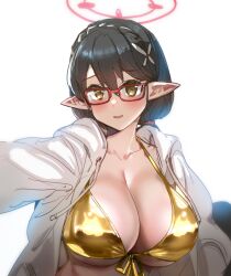  1girl ayane_(blue_archive) bikini black_hair blue_archive bow_(bhp) braid breasts chinese_commentary collarbone commentary_request glasses gold_bikini hair_ornament halo large_breasts long_sleeves looking_at_viewer open_clothes open_shirt red-framed_eyewear red_halo revision selfie shirt short_hair simple_background smile solo swimsuit upper_body white_background white_shirt 