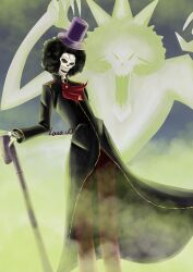  1boy absurdres afro alternate_costume black_hair brook_(one_piece) cane commentary english_commentary ghost hat highres holding holding_cane long_sleeves male_focus one_piece open_mouth purple_hat signature skeleton solo standing top_hat wannesbro 