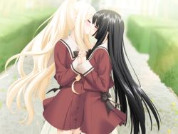 2girls black_hair blonde_hair couple game_cg kani_biimu kirishima_shizuku kiss long_hair multiple_girls shitogi_eris sono_hanabira_ni_kuchizuke_wo thighhighs yuri rating:Sensitive score:27 user:danbooru