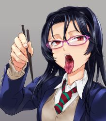 1girl black_hair chopsticks dokiyuri glasses highres long_hair looking_at_viewer necktie original red_eyes school_uniform simple_background solo sweater_vest tongue tongue_out rating:Sensitive score:64 user:jimmyking200