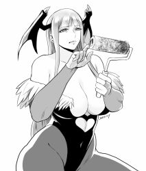  1girl artist_name breasts cleavage covered_navel disgust head_wings large_breasts legs leotard lint_roller long_hair monochrome morrigan_aensland parted_lips pubic_hair solo thick_thighs thighs vampire_(game) wings  rating:General score:3 user:GMSniper56