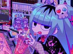  1girl :d bandaid bandaid_on_hand black_eyes black_hair black_nails black_shirt blue_hair blunt_bangs calendar_(object) character_doll collar cup dot_nose drawing_tablet drinking_straw earrings hair_ornament highres hiiragi_kagami hiiragi_tsukasa holding holding_cup holding_stylus jewelry list long_hair looking_at_viewer lucky_star manga_(object) monitor multicolored_hair neon_palette open_mouth original outline poster_(object) print_shirt ramdaram red_collar red_nails shirt short_twintails skull_hair_ornament smile solo spiked_collar spikes spotify star_(symbol) streaked_hair stylus tongue tongue_out twintails white_outline 