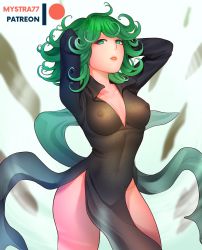  1girl artist_name black_dress breasts collarbone commentary covered_erect_nipples covered_navel curly_hair dress green_eyes green_hair looking_at_viewer medium_breasts medium_hair mystra77 no_panties one-punch_man see-through solo tatsumaki  rating:Questionable score:38 user:danbooru