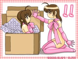  2girls bow box brown_eyes brown_hair bubble_wrap elbow_gloves gloves multiple_girls ribbon sweatdrop thighhighs  rating:Questionable score:1 user:Xiombarg