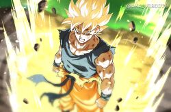  1boy aka_nobodyy aura battle_damage blonde_hair blood blood_on_face blue_shirt blurry blurry_background clenched_hands clenched_teeth dragon_ball dragonball_z from_above goku_day green_eyes highres injury looking_at_viewer looking_up male_focus muscular muscular_male orange_pants pants shirt son_goku spiked_hair standing super_saiyan super_saiyan_1 teeth torn_clothes torn_pants torn_shirt twitter_username 