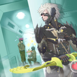  3boys arrow_(projectile) bouquet bow_(weapon) cyborg duel_monster feet_out_of_frame flower helmet holding holding_arrow holding_bouquet holding_bow_(weapon) holding_weapon indoors metal_gear_(series) metal_gear_rising:_revengeance metal_gear_solid_2:_sons_of_liberty multiple_boys on_one_knee one_eye_covered parody raiden_(metal_gear) raydhen red_eyes short_hair shoulder_spikes spikes tactical_espionage_expert weapon white_hair yu-gi-oh! 