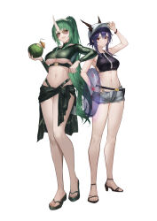  2girls absurdres adjusting_clothes adjusting_headwear alternate_costume alternate_hairstyle arknights baseball_cap bikini black_sarong black_shirt blue_hair breasts ch&#039;en_(arknights) ch'en_(arknights) coconut_cup commentary crop_top dragon_girl dragon_horns female_tourist_c_(arknights) food fruit green_eyes green_hair grey_shorts hair_between_eyes hand_on_own_hip hat high_heels highleg highleg_bikini highres holding holding_food holding_fruit horns horns_through_headwear hoshiguma_(arknights) large_breasts long_sleeves looking_at_viewer multiple_girls navel official_alternate_costume official_alternate_hairstyle open_fly open_mouth red_eyes sandals sarong shirt short_shorts shorts sidelocks simple_background single_horn skin-covered_horns smile standing stomach sunglasses swimsuit symbol-only_commentary thighs underboob underbust white_background yiyanbanshengchou 