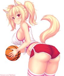 1girl animal_ear_fluff animal_ears artist_name ass ball bare_shoulders basketball basketball_(object) blonde_hair blush breasts cat_ears commentary highres holding holding_ball large_breasts long_hair looking_at_viewer nottytiffy original red_eyes red_shorts shirt short_shorts shorts sleeveless sleeveless_shirt slit_pupils smile solo striped_clothes striped_thighhighs tail thighhighs tiffy_(nottytiffy) watermark web_address white_shirt rating:Sensitive score:71 user:danbooru