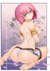  1girl absurdres ass bad_id bad_pixiv_id bare_back bare_shoulders barefoot blush breasts feet green_eyes highres md5_mismatch oni-noboru original petals pink_hair see-through short_hair sitting soles solo sweat  rating:Questionable score:32 user:danbooru