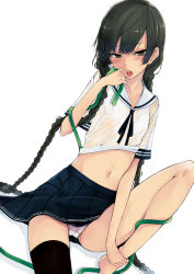  1girl bad_id bad_pixiv_id black_eyes black_hair black_thighhighs blush braid breasts clothes_lift dutch_angle finger_in_own_mouth hair_over_shoulder hand_to_own_mouth hose long_hair midriff navel original panties rage_(rojiura) see-through shirt shirt_lift simple_background single_thighhigh sitting small_breasts solo thighhighs tongue tongue_out twin_braids underwear very_long_hair wet wet_clothes wet_shirt white_background white_panties 