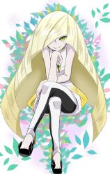  1girl bare_arms bare_shoulders blonde_hair closed_mouth commentary_request creatures_(company) crossed_legs dress emapippi game_freak gem green_eyes green_gemstone hair_over_one_eye head_rest highres knees leggings long_hair looking_at_viewer lusamine_(pokemon) mature_female nintendo pokemon pokemon_sm shoes short_dress sitting sleeveless sleeveless_dress smile solo two-tone_legwear very_long_hair white_dress white_leggings 