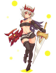  1girl bare_shoulders breasts cape cougar cougar_(cougar1404) dragon:_marked_for_death empress_(dmfd) female_focus headgear hip_bones holding holding_sword holding_weapon medium_breasts red_eyes revealing_clothes short_hair skirt strapless sword tagme tube_top underboob weapon white_hair 