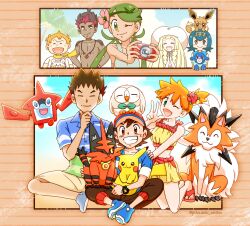 3boys 4boys 4girls :d ;d absurdres ash_ketchum asymmetrical_hair baseball_cap bikini black_hair blonde_hair blue_eyes blue_hair blue_shirt blush_stickers braid brock_(pokemon) brown_eyes brown_hair brown_pants camera character_print closed_eyes closed_mouth cloud collared_shirt creature creatures_(company) dark-skinned_male dark_skin day eevee eyelashes flower frills game_freak gen_1_pokemon gen_4_pokemon gen_7_pokemon green_eyes green_hair grin hair_flower hair_ornament hairband hand_on_own_chin hand_up hat highres holding holding_camera holding_creature holding_pokemon jewelry kneeling lana_(pokemon) lillie_(pokemon) litten long_hair looking_at_viewer lycanroc_(dusk_form) mallow_(pokemon) misty_(pokemon) multicolored_hair multiple_boys multiple_girls navel necklace nintendo on_head on_lap one_eye_closed open-mouth_smile open_mouth orange_hair outdoors overalls pants photo_(object) pikachu pikasato_akiko pink_flower pokemon pokemon_(anime) pokemon_(creature) pokemon_(game) pokemon_on_head pokemon_rgby ponytail popplio rotom rowlet sandals shirt shoes short_hair short_sleeves shorts side_ponytail sitting sky sleeveless smile striped_clothes striped_shirt stroking_own_chin sun_hat swimsuit teeth tongue trial_captain twin_braids twintails twitter_username username v wink z-ring