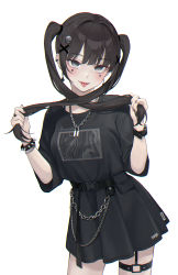  1girl @_@ absurdres black_hair blush bracelet buckle chain chromatic_aberration closed_eyes dress hair_ornament hairpin highres holding holding_own_hair jewelry original sharp_teeth solo spiked_bracelet spikes sugai_(4ugaii) teeth thigh_strap tongue tongue_out twintails white_background  rating:Sensitive score:13 user:danbooru