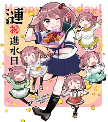  &gt;_&lt; apron black_pantyhose black_socks black_thighhighs blue_skirt bouquet character_name chibi confetti dated flower hair_bobbles hair_ornament happy_birthday holding holding_bouquet izumiyamisono kantai_collection long_sleeves multiple_views one_eye_closed open_mouth orange_flower pantyhose pink_hair pleated_skirt red_flower sailor_collar sazanami_(kancolle) school_uniform serafuku short_sleeves skirt socks star_(symbol) thighhighs twintails twitter_username w waist_apron 