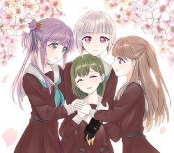  4girls :d aegis_zan aqua_neckerchief arms_around_neck black_gloves blurry blurry_background bob_cut brown_dress brown_hair check_commentary cherry_blossoms closed_mouth colored_inner_hair commentary_request diagonal_bangs dress falling_petals flower fujishima_megumi gloves green_eyes green_hair grey_hair group_hug hair_bun hair_flower hair_ornament hairclip half_gloves hands_on_another&#039;s_arms happy hasu_no_sora_school_uniform height_difference highres hug inverted_bob link!_like!_love_live! long_hair long_sleeves looking_at_another love_live! multicolored_hair multiple_girls neckerchief oogami_sachi open_mouth otomune_kozue petals pink_eyes pink_flower pink_petals pleated_dress purple_eyes purple_hair red_flower red_hair sailor_collar sailor_dress school_uniform short_hair side_ponytail sidelocks sideways_mouth single_side_bun smile split_mouth star_(symbol) star_hair_ornament straight_hair streaked_hair swept_bangs two_side_up virtual_youtuber white_background white_sailor_collar winter_uniform yellow_neckerchief yugiri_tsuzuri 