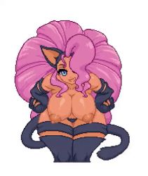  1girl alternate_color animal_ears animal_hands animated animated_gif bare_shoulders big_hair blue_eyes bouncing_breasts breasts capcom cat_ears cat_tail claws fang felicia_(vampire) fur large_breasts leaning_forward long_hair lowres nipples nitro pink_hair pixel_art solo tail thighs vampire_(game) wide_hips  rating:Questionable score:55 user:hungo