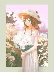  1girl absurdres bouquet brown_hair day dress flower gain_er green_eyes hat_ornament highres holding holding_bouquet hololive long_hair looking_at_viewer natsuiro_matsuri outdoors pink_sky sidelocks sky smile standing virtual_youtuber white_dress white_headwear 