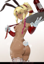  1girl animal_ears ass blonde_hair blush braid breasts club3 condom condom_packet_strip condom_wrapper cup detached_sleeves drinking_glass fanbox_username fate/grand_order fate_(series) french_braid gloves green_eyes highres holding holding_tray looking_at_viewer mordred_(fate) necktie pasties patreon_username rabbit_ears rabbit_tail sideboob sidelocks skindentation small_breasts sweat tail tan tanline tray white_gloves white_wrist_cuffs wine_glass wrist_cuffs  rating:Questionable score:151 user:danbooru