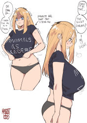  1girl absurdres aliasing animals_as_leaders artist_name bangs_pinned_back black_panties black_shirt blonde_hair blue_eyes breasts clothes_pull clothes_writing cowboy_shot cropped_legs curvy english_text folded_hair from_side glasses group_name hair_pulled_back highres huge_breasts inne_sulistya_robin legs_together long_hair looking_down midriff navel norman_maggot original panties shaded_face shirt shirt_pull short_sleeves sidelocks simple_background speech_bubble standing sweatdrop t-shirt thighs underwear white_background 